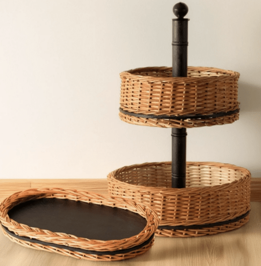Wicker & Wood Fruit Basket With 2 Tiers & Serving Tray Combo | Handcrafted in Kashmir